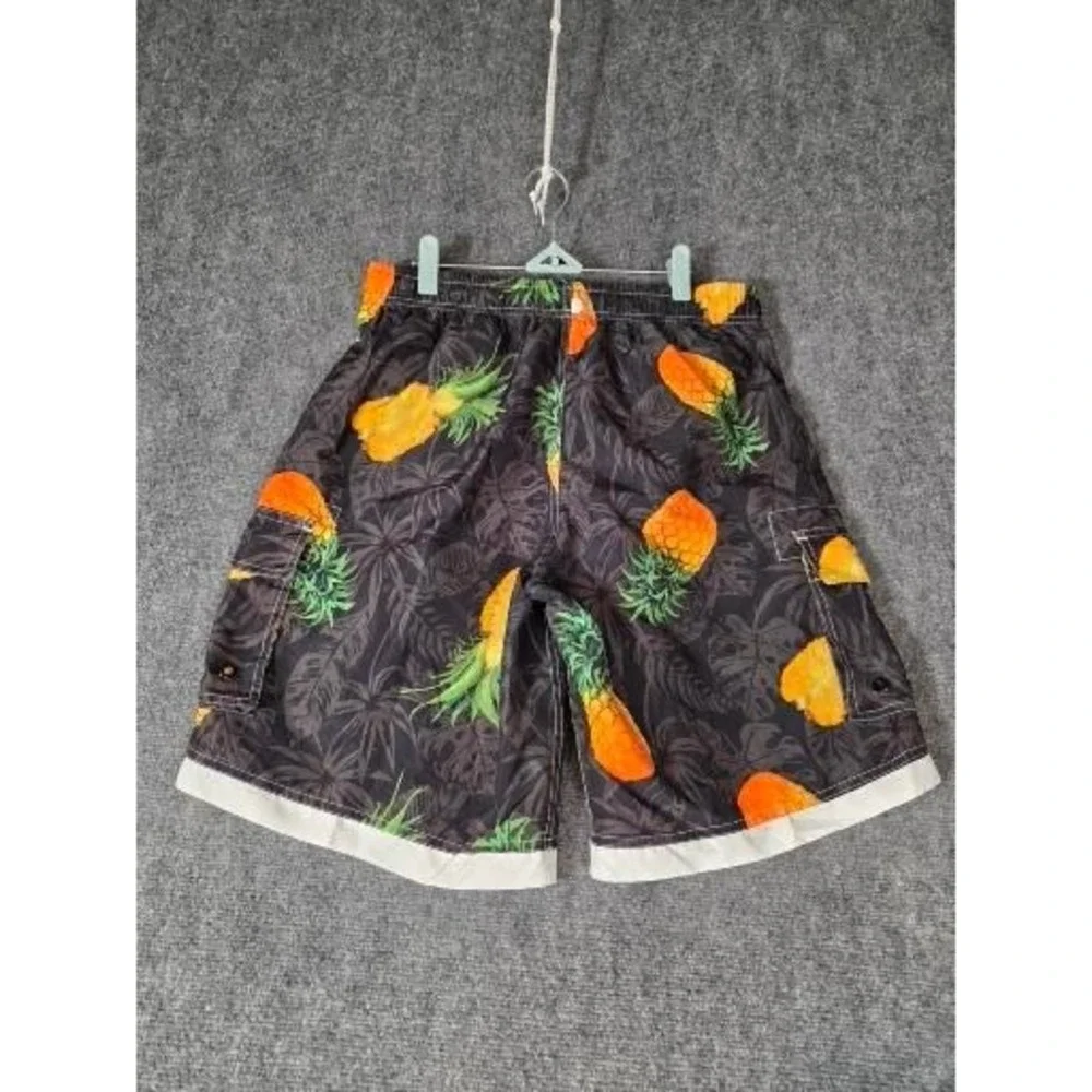 UZZI Mens Pineapple Print Cargo Swim Trunks Black Tropical Board Shorts‎ Sz M